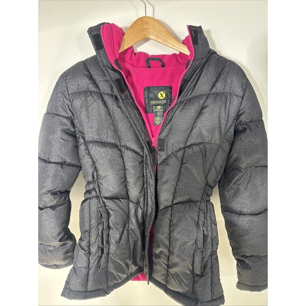 Xersion Girls Puffer Jacket XL‎ 16 Gray Pink Fleece Lined Hooded Winter Coat